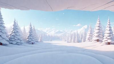The primary subject of the image is a snowy landscape with a mountain range in the background. The setting is a wintery environment with snow-covered trees and a mountainous terrain. The visual style of the image is digital art, as it appears to be a computer-generated or digitally painted scene. The colors and mood of the image are predominantly white and cold, with the snow-covered trees and mountains creating a serene and tranquil atmosphere.